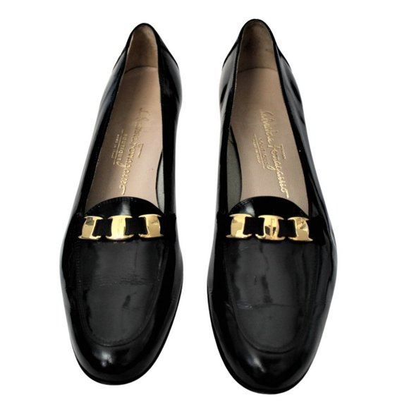 VTG Salvatore Ferragamo Loafer Black Patent Leather Gold Chain Accent Size 10 4A - Picture 3 of 12